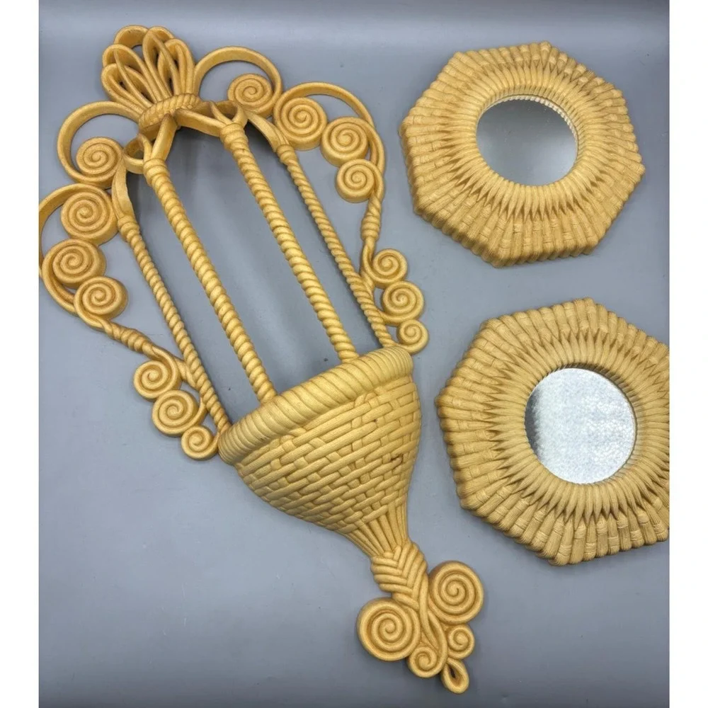 Vtg Wicker Style Wall Decor Set Wall Pocket Octagon Mirrors Boho Rattan